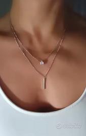 Collana dopoia catena goccia rosa e barra minimal