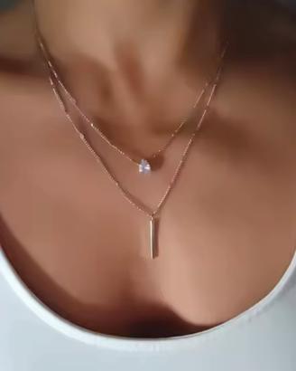 Collana dopoia catena goccia rosa e barra minimal