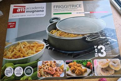 pentola per friggere con cestello e paraschizzi
