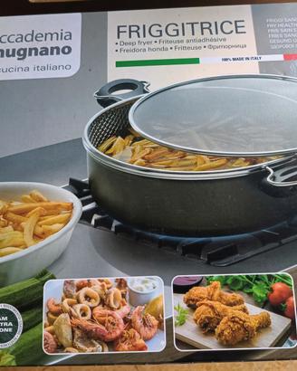 pentola per friggere con cestello e paraschizzi