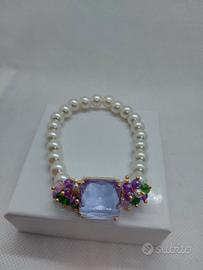 bracciale a molla con cristallo e perle di fiume 