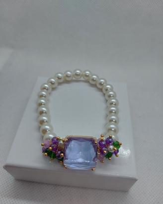 bracciale a molla con cristallo e perle di fiume 