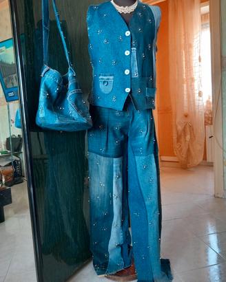 completo donna jeans patchwork 