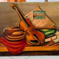 Quadro con Violino e natura morta dipinto a mano.