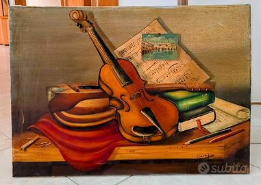 Quadro con Violino e natura morta dipinto a mano.