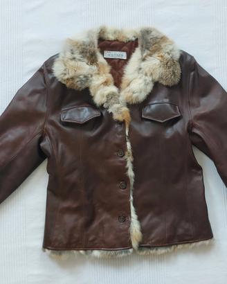 Giacca in pelle vintage con collo in pelliccia