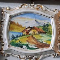 quadrino di ceramica, con paesaggio 