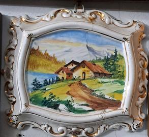 quadrino di ceramica, con paesaggio 