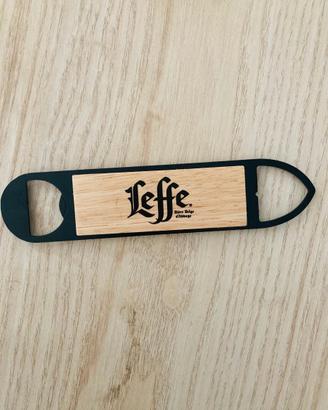 Apribottiglie Leffe in legno e acciaio nuovo mai