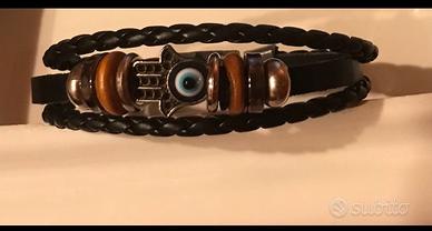 Bracciale Cuoio Intrecciato Occhio Blu