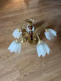 Lampadario Vintage–5 luci –Ottone e vetro satinato