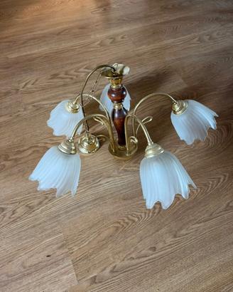 Lampadario Vintage–5 luci –Ottone e vetro satinato