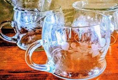 Tazze  punch in vetro soffiato inciso ca 40's