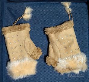 Guanti invernali beige aperti con strass