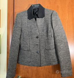 Giacca in lana pied de poule con collo a contrasto