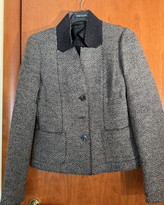 Giacca in lana pied de poule con collo a contrasto