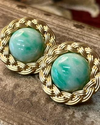 Orecchini vintage dorati con cabochon in vetro