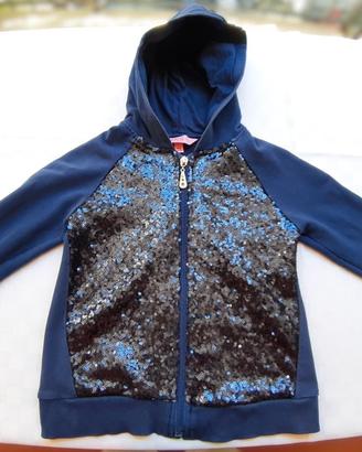 Felpa cotone cappuccio blu mini paillettes 4/5 ann