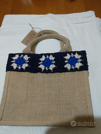 Borsa donna in juta con applicazione di decoro fat