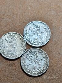 lotto 3 pence argento 925 inglese 1910/17/19