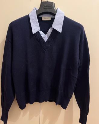 Maglioncino Blu a V con collo camicia incorporato
