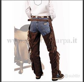 chaps in pelle scamosciata marrone con frange