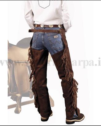 chaps in pelle scamosciata marrone con frange
