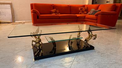 TAVOLINO IN VETRO CON CAVALLI IN OTTONE PLACATOORO