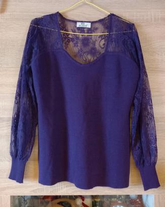 Maglia viola in maglina con pizzo floreale 