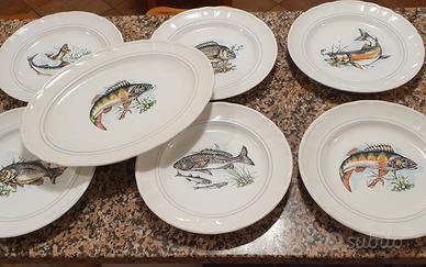 Servizio piatti con pesci ceramica Castellana 7 pz