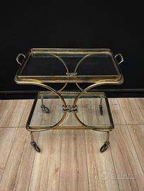 Raffinato carrello in ottone con piano in cristall