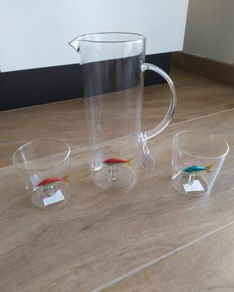 Caraffa e 6 bicchieri in vetro con pesci Coincasa