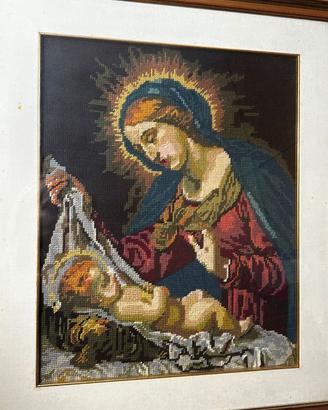 Quadro ricamo a mano Madonna con Bambino