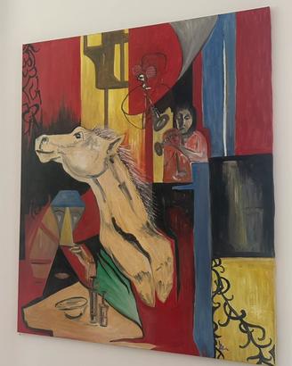 Grande dipinto olio cavallo musicisti jazz