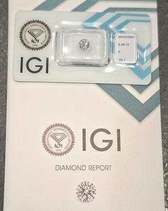 0.90 F VS1 2EX N Diamante NATURALE Certificato IGI