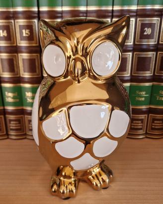 Gufo decorativo in ceramica oro e bianco- 19 cm