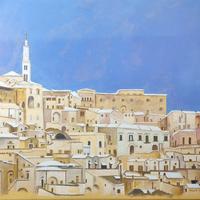 Quadro acrilico. Neve sui tetti di Matera. 