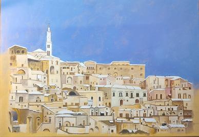 Quadro acrilico. Neve sui tetti di Matera. 