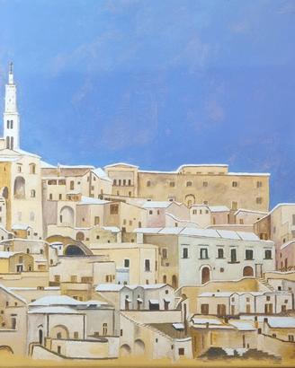 Quadro acrilico. Neve sui tetti di Matera. 