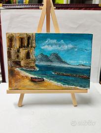 Dipinto su tela 18x12cm Vista Vesuvio da Posillipo