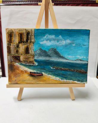 Dipinto su tela 18x12cm Vista Vesuvio da Posillipo