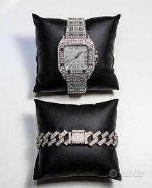 Set Iced Out Orologio + Bracciale Cuban Link