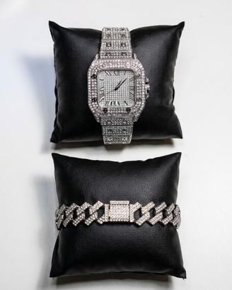Set Iced Out Orologio + Bracciale Cuban Link