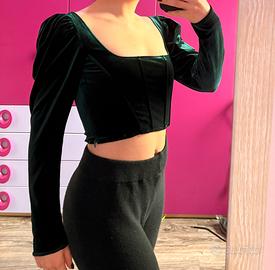 Top Zara taglia S verde stile corsetto in velluto