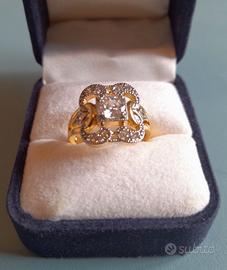 Anello Art Déco quadrato bicolore zirconi oro 18K