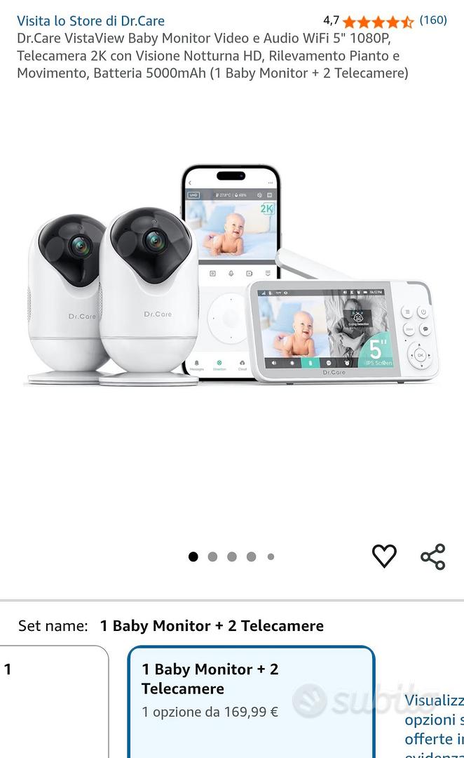 Dr.Care VistaView Baby Monitor WiFi 5" 1080P Con Telecamera 2K, Visione Notturna, Rilevamento Movimento E Pianto, Batteria 5000mAh, Audio Bidirezionale