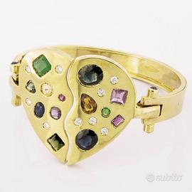 Bracciale cuore con zaffiri, smeraldi e diamanti