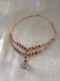 Collana  pendente pietra agata oro blu vintage 