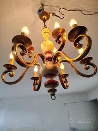 LAMPADARIO in legno a 6 bracci, 12 lampadine