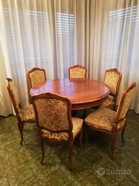 Tavolo rotondo in noce con 6 sedie e prolunga